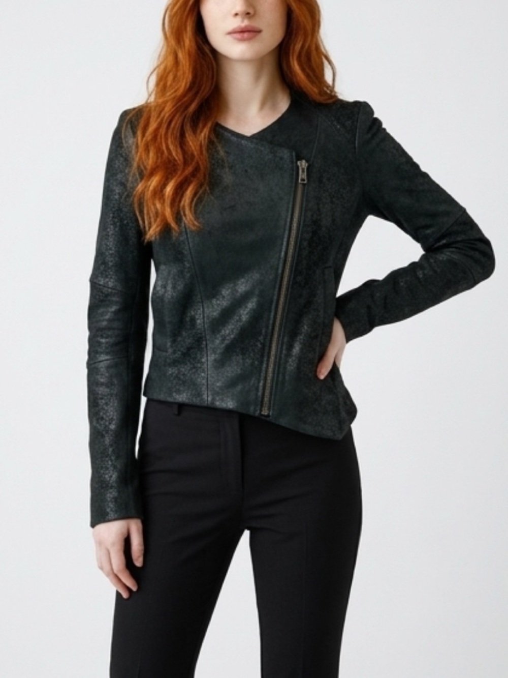 Helmut Lang Women's Jacket Lamb Skin Leather Black Asymmetric Zip